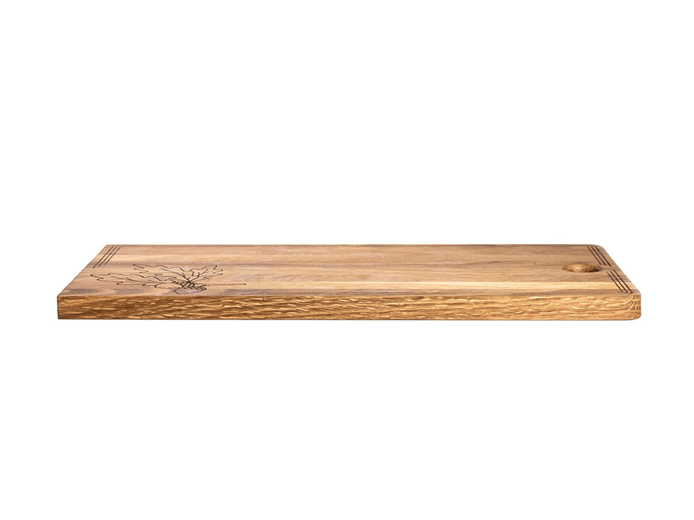 Handcrafted white oak serving platter featuring natural grain patterns and engraved border