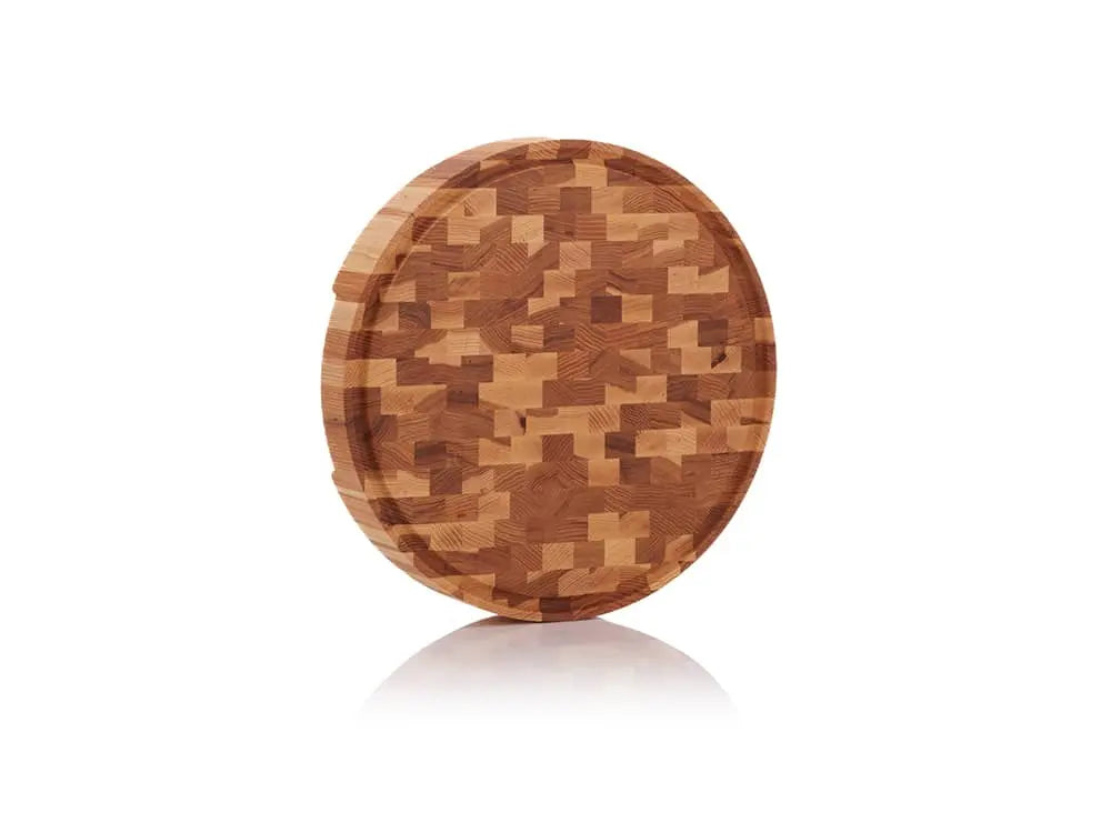 Vertical view of a round hickory end grain butcher block with a juice groove